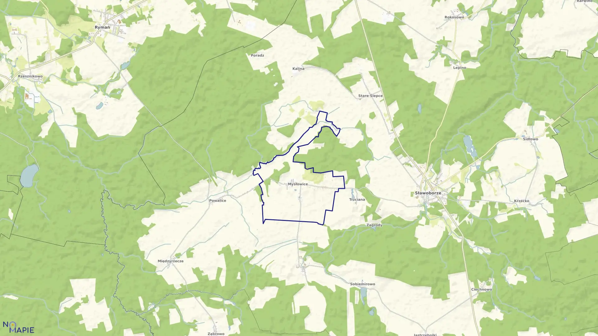 Mapa obrębu Mysłowice w gminie Sławoborze